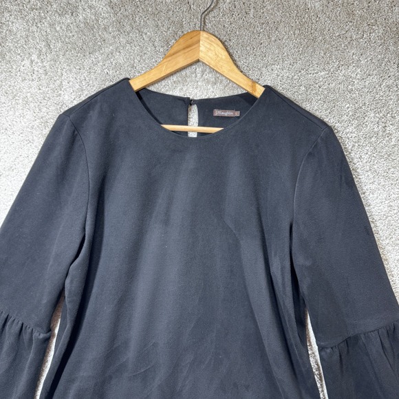 J.McLaughlin Black Faux Suede Bell Sleeve Blouse Womens Large Stretch Keyhole - Picture 3 of 10